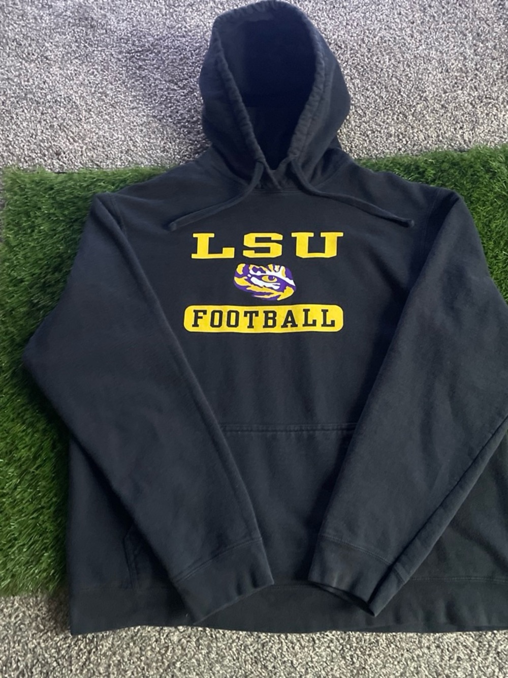 Port and Company Black LSU Football Hooded Sweatshirt with Yellow & Purple Logo